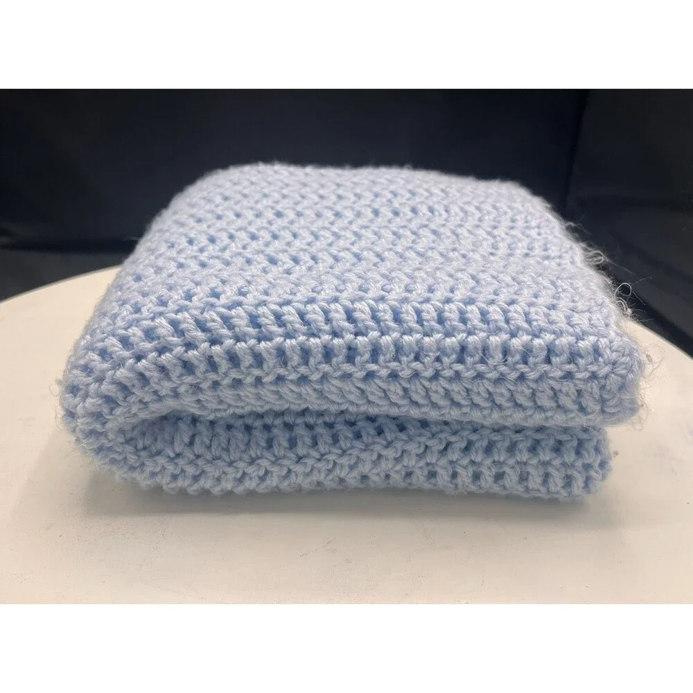 Hand Crocheted Baby Blanket Light Blue Afghan Throw Handmade 35-37”